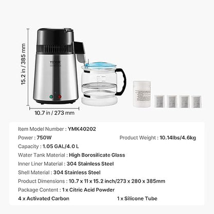 VEVOR Water Distiller, 4L/1.1 Gallon Pure Water Purifier Filter for Home Countertop, 750W Distilled Water Maker, Stainless Steel Interior Distiller Water Making Machine to Make Clean Water, Silver