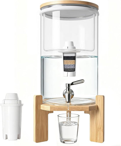 water filter dispenser Countertop water purifier System 2.1 Gallon Glass water filter with Wooden Stand and 1 Filters for Home and Office