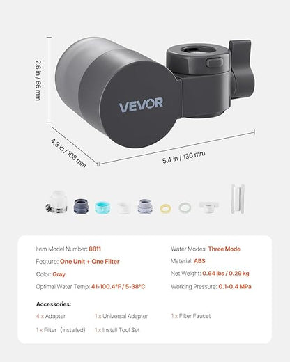 VEVOR Faucet Mount Water Filter, Horizontal Water Purifier for Sink Tap, Carbon Fiber Filters, Removes Chlorine Lead with 1 Filter, Fits Most Kitchen or Bathroom Faucets, Gray