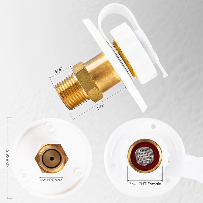 RV City Water Inlet with 90-Degree Lead-Free Brass Elbow, 3/4 NH Female to 1/2 NPT Male Connection, Ideal RV Water Fill Replacement Flange