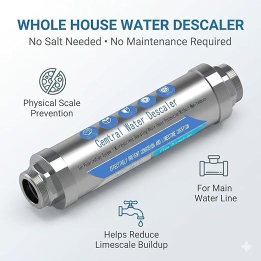 Whole House Water Descaler 3/4” NPT – Hard Water Scale Inhibitor, No Salt Physical Water Conditioner for Main Water Line, Maintenance-Free, Helps Reduce Limescale in Pipes & Appliances