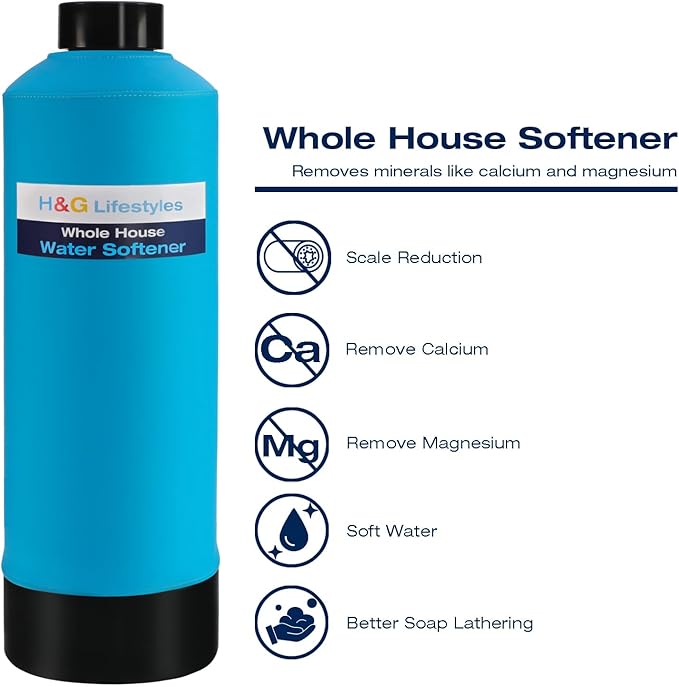 H&G Lifestyles Whole House Water Softener 32,000 Grains, NSF certified Whole Home Water Filtration System for Well & City Water, Remove Calcium Magnesium, Food Grade Resin, Silver-Enhanced, 700,000 Gl