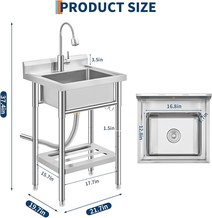 Garvee Stainless Steel Utility Sink with Faucet & Storage Shelf, 304 Single Bowl Freestanding Sink with Adjustable Legs, S-Hooks, Hot & Cold Water Pipes for Kitchen, Laundry, Garage, Farm, Outdoor Use