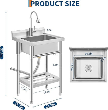 Garvee Stainless Steel Utility Sink with Faucet & Storage Shelf, 304 Single Bowl Freestanding Sink with Adjustable Legs, S-Hooks, Hot & Cold Water Pipes for Kitchen, Laundry, Garage, Farm, Outdoor Use