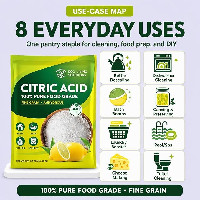 Eco Living Solutions 100% Citric Acid Powder - Food Grade | Citric Acid For Cleaning & Bath Bombs | Great For Cooking & Canning | Fragrance Free | Dishwasher Safe (12 oz)