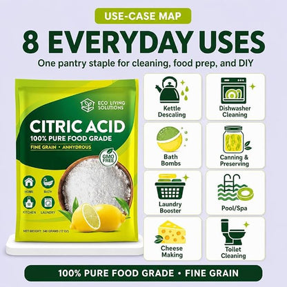 Eco Living Solutions 100% Citric Acid Powder - Food Grade | Citric Acid For Cleaning & Bath Bombs | Great For Cooking & Canning | Fragrance Free | Dishwasher Safe (12 oz)