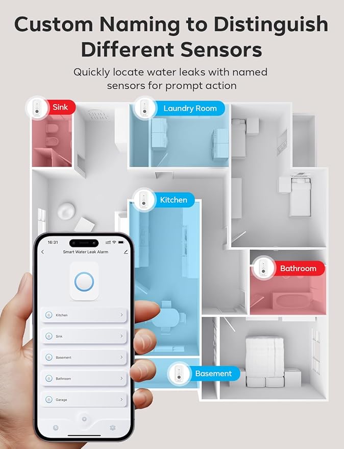 MAXCIO Wi-Fi Water Leak Detector 4 Pack, Smart Water Wireless Sensor with 110dB Adjustable Alarm, APP, SMS, Phone Notifications, 1640ft Transmission Range, Suitable for Basement, Bathroom, and Kitchen