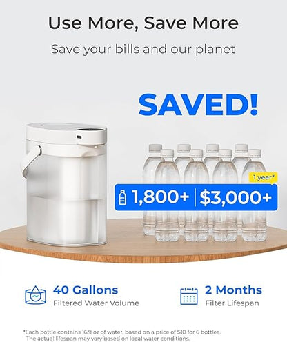 Waterdrop ED25TW Rechargeable Water Filter Dispenser, TDS Reduction，Retain Key Minerals, Instantly Improve Flavor, 15-Cup 5-Stage Portable Countertop Water Filtration System with 1 Filter, White