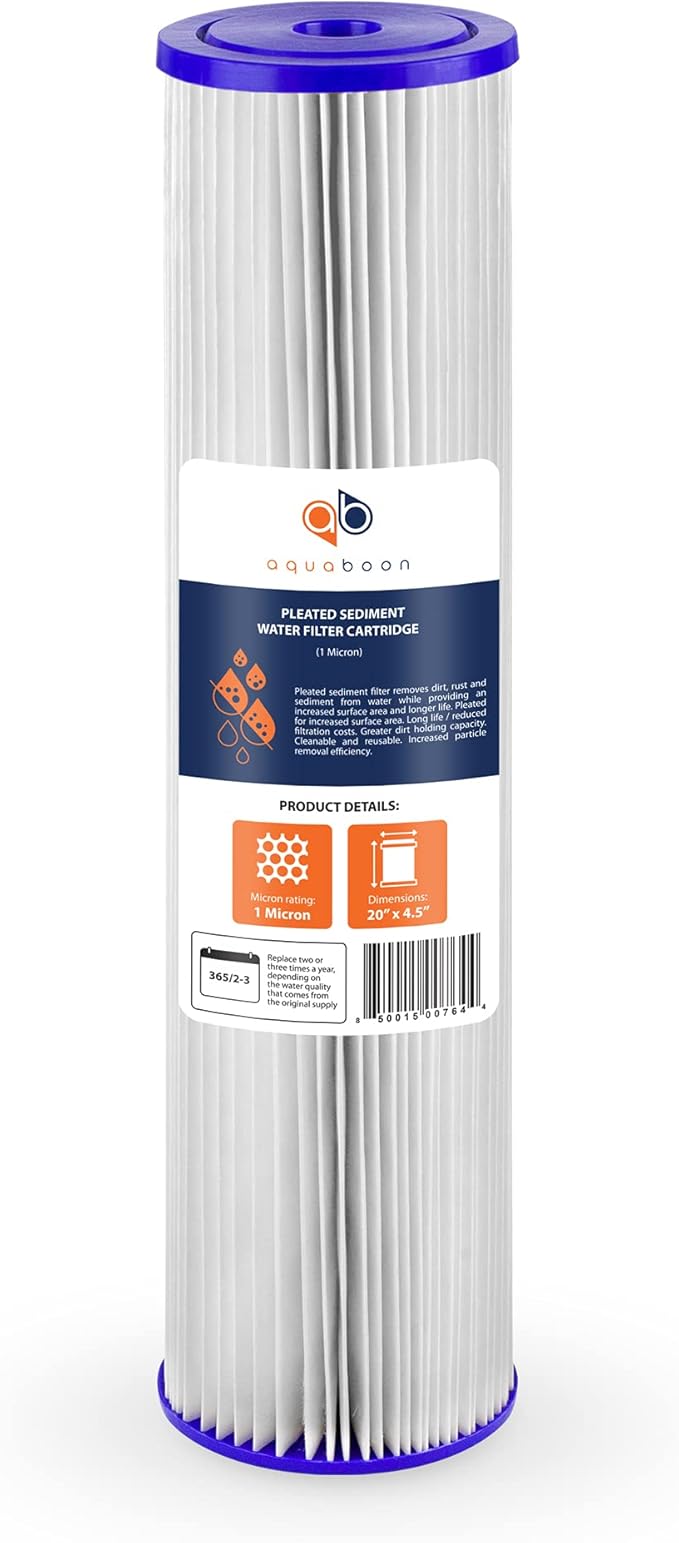 Aquaboon 1 Micron Whole House Pleated Sediment Water Filter Cartridge 20x4.5 Well Filter Replacement Compatible with ECP5-20BB, SPC-45-1005, 2 Pack
