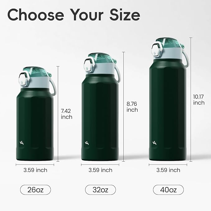 Konokyo FLOWPLAY 26oz Locking Push-Button Water Bottle with Silicone Spout,Leak-Proof,18/8 Stainless Steel Double-Wall Vacuum Insulated for Sports and Travel,BPA-Free,Dark Green