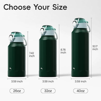 Konokyo FLOWPLAY 26oz Locking Push-Button Water Bottle with Silicone Spout,Leak-Proof,18/8 Stainless Steel Double-Wall Vacuum Insulated for Sports and Travel,BPA-Free,Dark Green