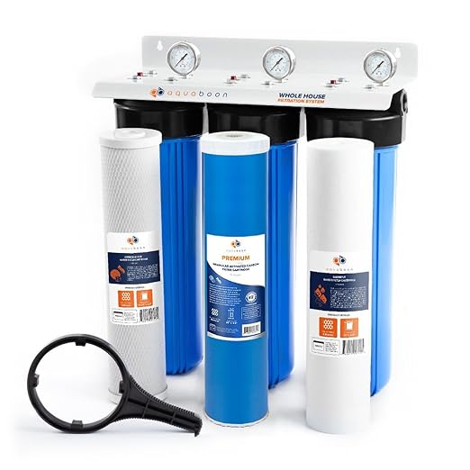 Aquaboon 3-Stage Whole House Water Filter System with 5 Micron 20x4.5 House Water Purification Reducing Sediment and Odors, Carbon Chlorine Reduction Filter (CTO), Pressure Gauge, Wrench, Bracket