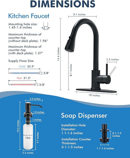 VFAUOSIT Kitchen Faucet with Escutcheons and Soap Dispenser, 3-Mode Black Stainless Steel Kitchen Faucet Escutcheons for 2 to 4-Hole Bar Laundry RV Utility Sink
