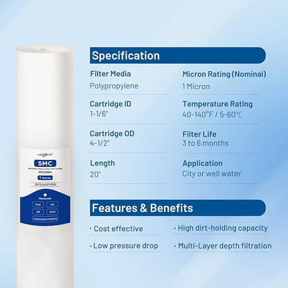 1 Micron 20" x 4.5" PP Whole House Water Filter Cartridge, 2 Pack | Sediment Water Filter Replacement for DGD-2501-20, CFDGD2501-20BB, SDC-45-2001, FP25B, PD1-20BB, FPMB-BB1-20, SDF-45-2001