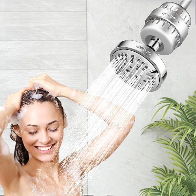 HOPOPRO 9 Modes Shower Head and 18 Stages Shower Filter Combo, High Pressure Filtered Showerhead High Output Shower Head Combo Purifying Water for Water Healthy Life
