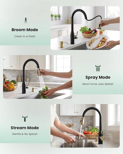 APPASO Black Gold Touchless Kitchen Faucets with Soap Dispenser & Sprayer | cUPC Lead-Free Hoses Motion Sensor Hands Free Sink Faucet Pull Down 3 Modes Single Handle for 1-4 Hole Sink with Deck Plate