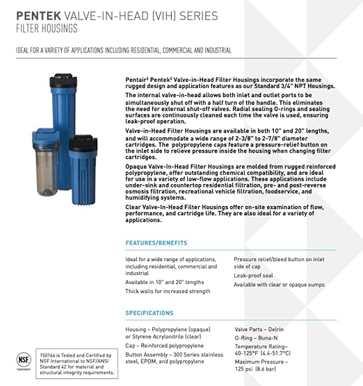 Pentair Pentek 150437 Valve-In-Head Filter Housing, 3/4" NPT #10 Standard Water Filter Housing with Pressure Relief Button, 10-Inch, Blue/Clear