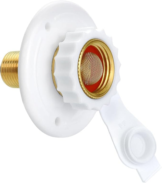 RV Water Inlet Replacement,RV City Water Inlet with Check Valve,City Water Fill Inlet Flange Brass Fresh City Water Inlet Connection for RV Camper Trailer Marine Motorhome,White