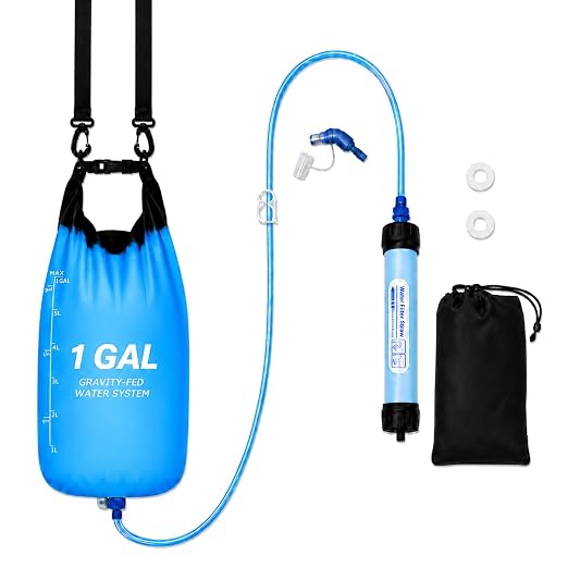 Gravity Water Filter System, TPU Water Purifier Bag, 0.01 Micron Ultrafiltration, 4000L Lifespan, BPA-Free Portable Water Filtration for Camping, Backpacking, Survival Gear (1 Gallon)