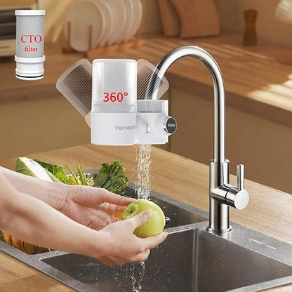 Vortopt 360° Rotating Faucet Water Filter for Sink,400 Gallon Water Filter,NSF Certified Reduces Chlorine & Bad Taste with 1 Replacement,Fits Most Standard Faucets,3 Month Lifespan,T6-CTO White.