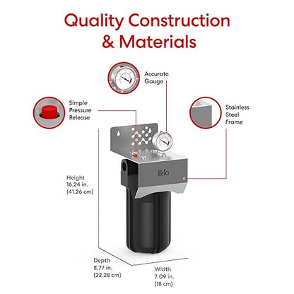 Brio Whole House Water Filter System w/Gauge & Fast-Flow CTO Carbon Block Filter (5 Micron) 4.5" x 10" | Improves Taste & Protects Home Appliances | 720 GPH | 50,000 Gallons or 6 Months