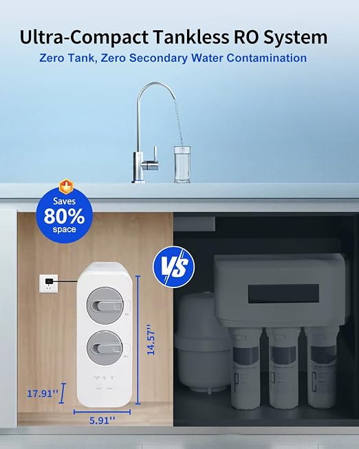 Eiree C6 Tankless Reverse Osmosis System, NSF/ANSI 42 & 372 Certified, 600GPD Under Sink RO Water Filter with 2:1 Pure to Drain Ratio, Reduces TDS & Odor for Clean Drinking Water