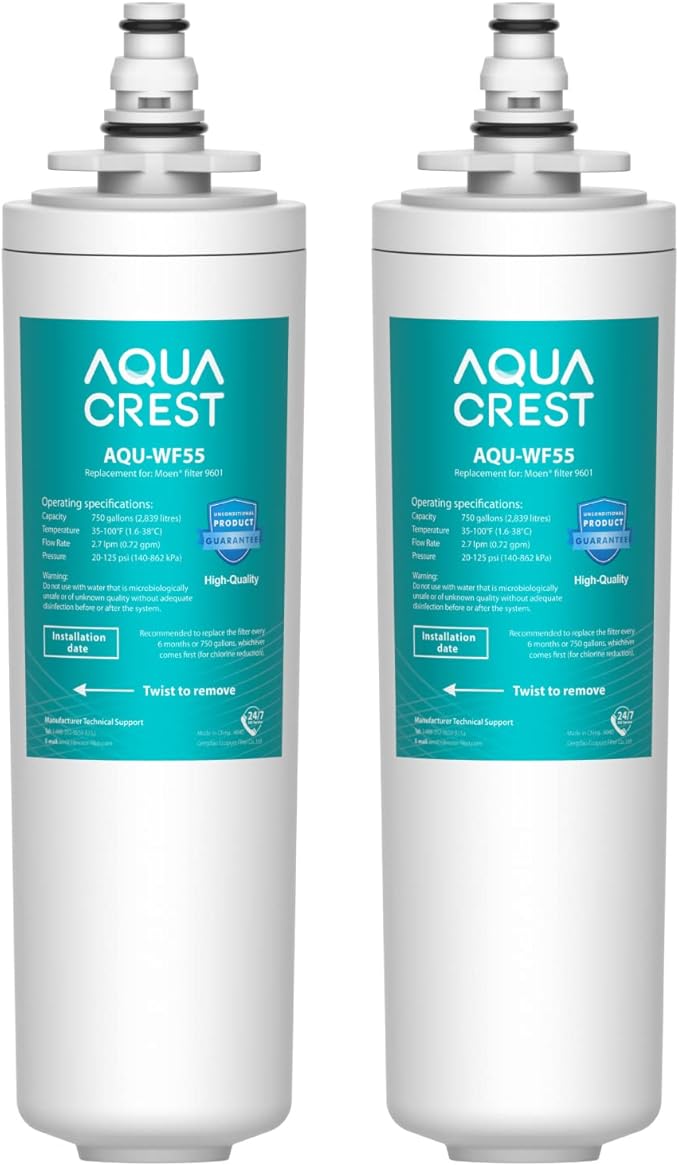 AQUA CREST 9601 Water Filter, Replacement for Moen 9601 ChoiceFlo 9600, 9602, 9500, 9501, 9502, Compatible with Moen Sip Filtered Kitchen Faucets, 750 Gallons or 6 Months, 2 Pack