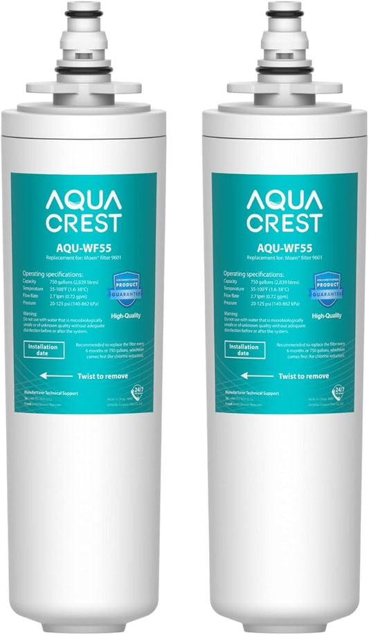 AQUA CREST 9601 Water Filter, Replacement for Moen 9601 ChoiceFlo 9600, 9602, 9500, 9501, 9502, Compatible with Moen Sip Filtered Kitchen Faucets, 750 Gallons or 6 Months, 2 Pack