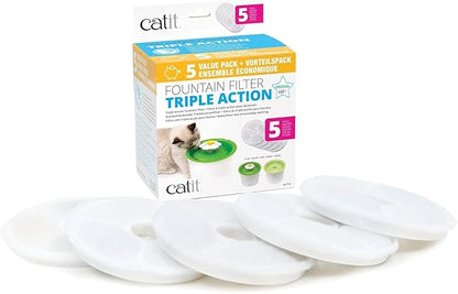Catit Triple Action Replacement Original Water Fountain Filters, 5 Pack – Official Replacement Filters for Catit Cat Drinking Water Fountains