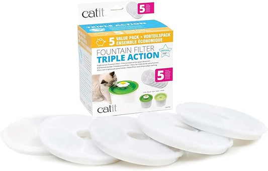 Catit Triple Action Replacement Original Water Fountain Filters, 5 Pack – Official Replacement Filters for Catit Cat Drinking Water Fountains