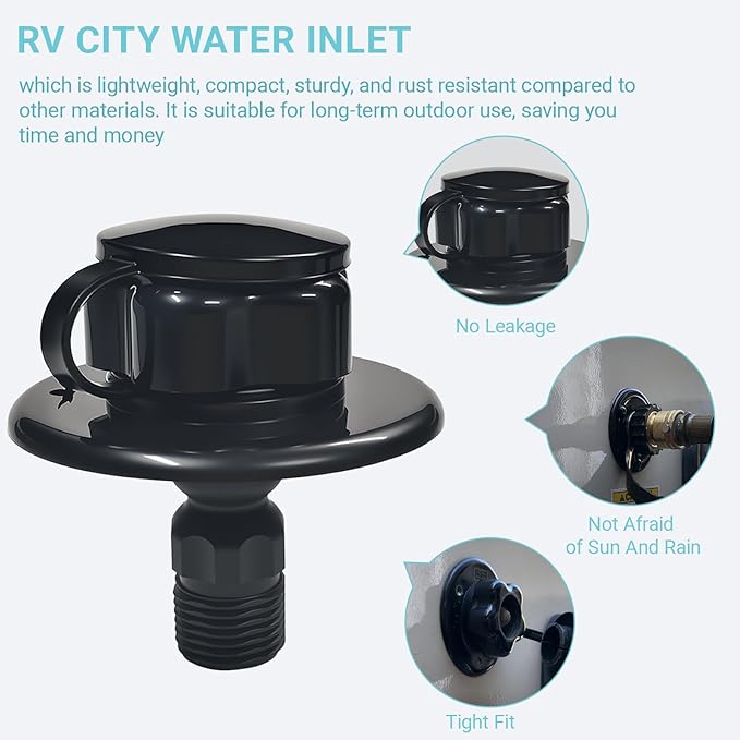 RV City Water Inlet Connection with Check Valve, RV City Water Fill Inlet for RV Camper Motorhome Trailer Marine, RV Water Flange Inlet Replacement (Black)
