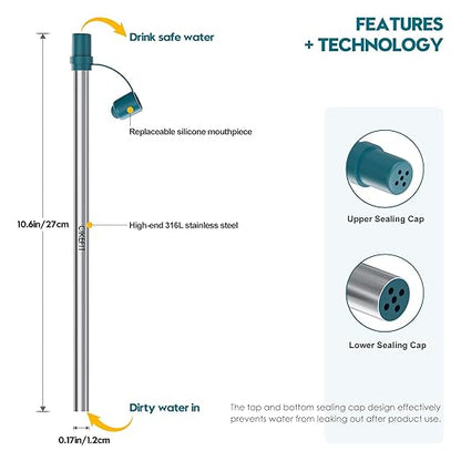 Portable Water Filter Straw, 316L Stainless Steel Reusable Personal Water Purifier for Camping Hiking Backpacking Travel, Emergency Survival Gear (2 -Pack)