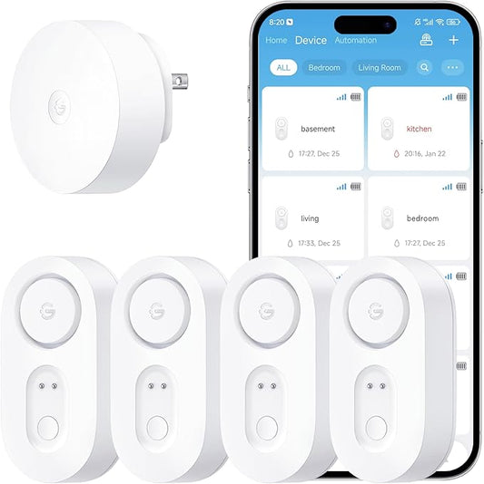 GoveeLife Upgraded Smart Water Leak Detector 1s with 1804ft Ultra-Long Range, WiFi Water Sensor with SMS/Email/APP Push and Sound Alarm,5-Year Battery Life, 4 Pack, Suit for Home, Basement, Kitchen