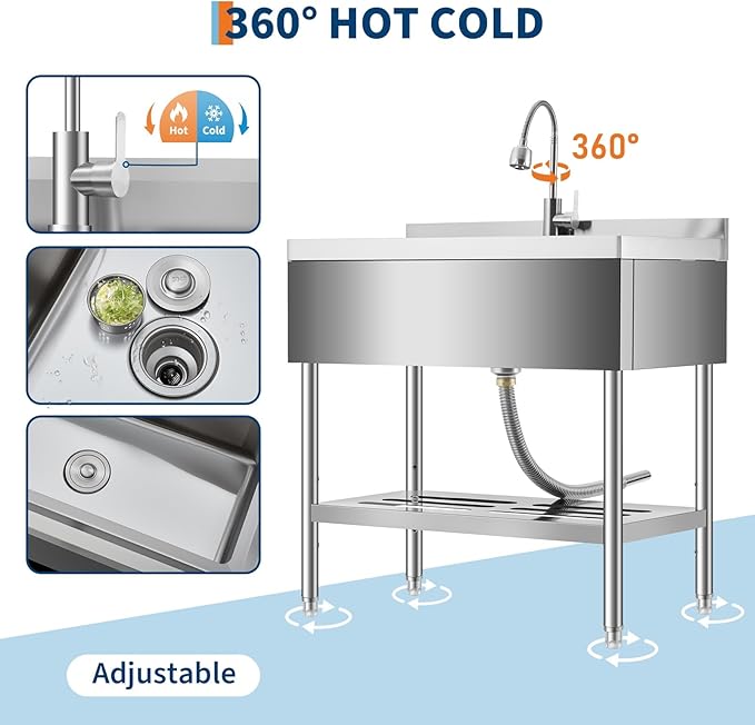 Garvee 36" Stainless Steel Utility Sink Workstation with Faucet, Adjustable Height Freestanding Sink with Storage Drawer, Knife Rack, Hooks & Drain Kit for Kitchen, Laundry, Garage, or Outdoor Use
