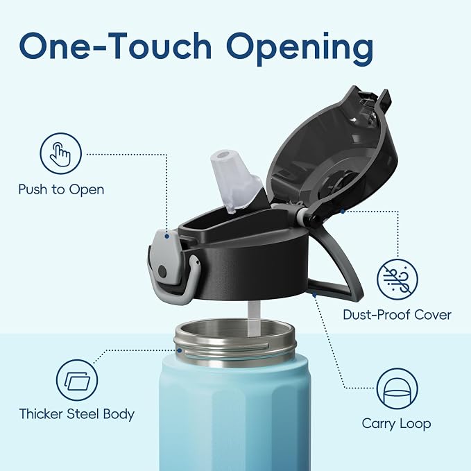 Konokyo FLOWPLAY 25oz Locking Push-Button Water Bottle with Silicone Spout,Leak-Proof,18/8 Stainless Steel Double-Wall Vacuum Insulated for Sports and Travel,BPA-Free,Sky