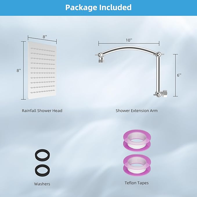 Hibbent All Metal Rain Shower Head, 8'' High Pressure Rainfall Square Showerhead with 16" Shower Head Extension Arm, Solid Brass Adjustable Shower Arm Extender, Waterfall Fixed Showerheads, Chrome