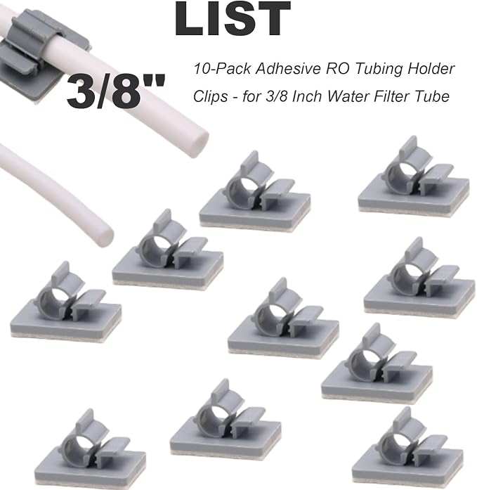 10-Pack Adhesive RO Tubing Holder Clips - for 3/8 Inch Water Filter Tube, Cable Management Mounts for Reverse Osmosis System, Refrigerator, Under Sink Organization (3/8 inch RO Tubing Mounting Clips)