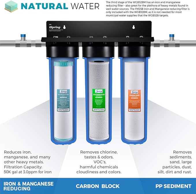 iSpring WGB32BM 3-Stage Whole House Water Filtration System & WSP50 WSP-50 WSP-50-Reusable Whole House Spin Down Sediment Water Filter 50 Micron, 1" MNPT + 3/4" FNPT, 50 Micron, Brass