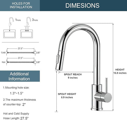 Tohlar Chrome Kitchen Faucets with Pull Down Sprayer, Single Handle Kitchen Sink Faucet Modern Staninless Steel Kitchen Faucet with Deck Plate