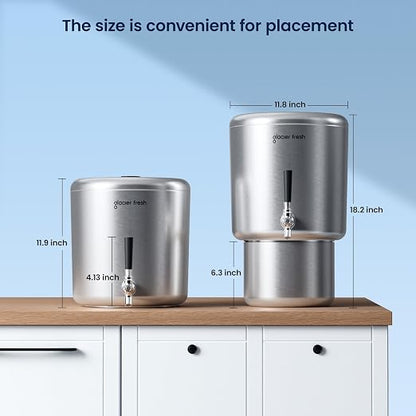 GLACIER FRESH PC04 Gravity-Fed Stainless Steel Countertop Water Filtration System 2.25G, Elarisey™ Filtration Technology, Reduces Heavy Metals, PFOA & PFOS, and Meets SGS Standards