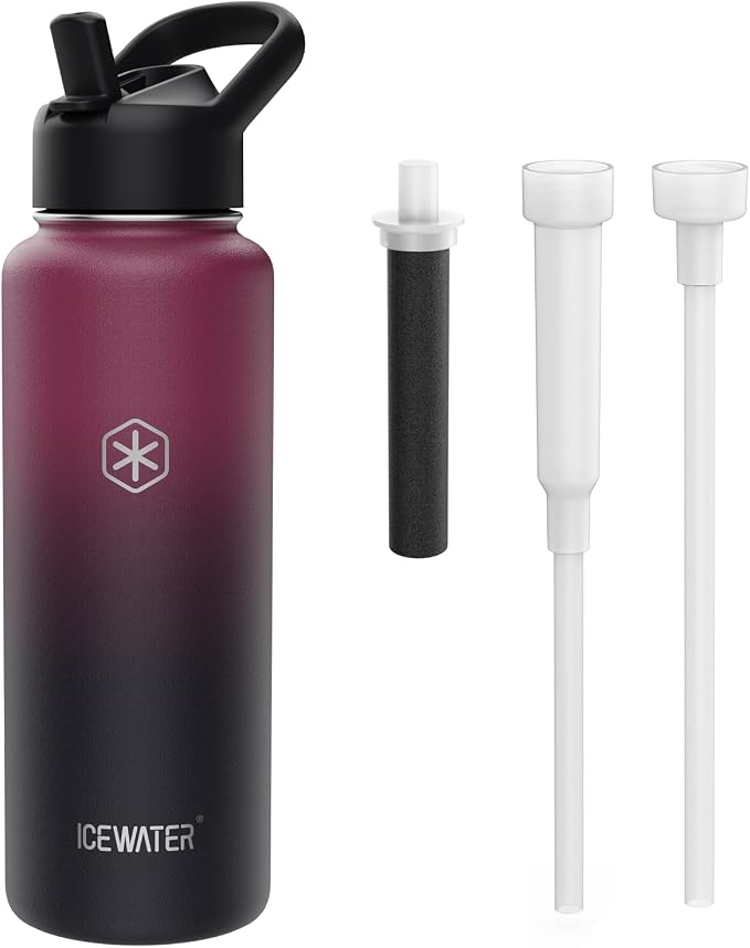 ICEWATER 40 oz Versatile Water Bottle, Regular & Filtered Straw with Filter | Reduces Chlorine Taste & odor, Removes Microplastics and Particulates, Ideal for Travel, Stainless Steel Insulated, BPA-Free