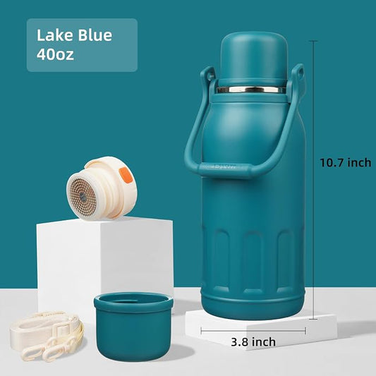 Konokyo Insulated Water Bottle with Handle and Strap,Vacuum Travel Tumbler with Cup Lid,Thermo Coffee Cup for Hot Cold Drinks 40 OZ,Lake Blue