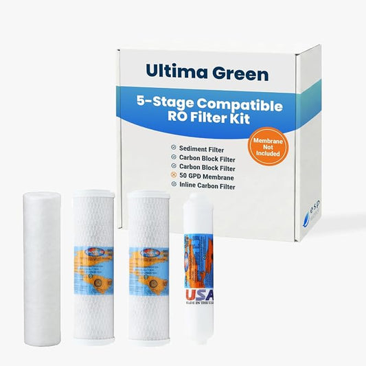 Ultima Green RO Compatible 5 Stage Filter Pack Replacement Filters for Reverse Osmosis Drinking Water System Under Sink RO Kit - Membrane Sold Separately
