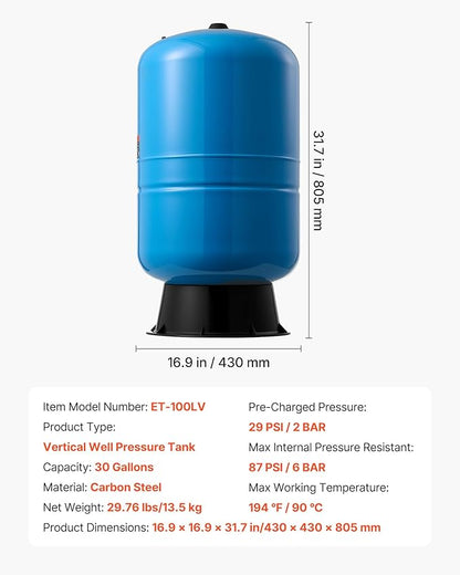 VEVOR 30-Gallon Vertical Well Pressure Tank, Pre-Charged Pressurized Water Tank for Well Pumps, Heavy-Duty Carbon Steel Water Storage Container for Home, School, Farm & Irrigation Systems