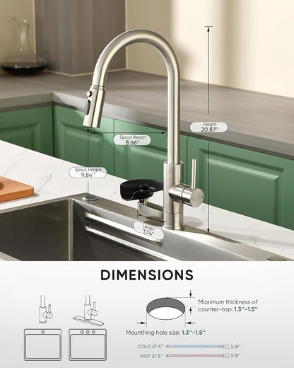 Kitchen Faucet with Cup Washer Pull Down Sprayer Stainless Steel Kitchen Sink Faucet with Deck Plate Glass Rinser Single Hole Brushed Nickel