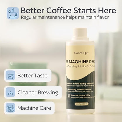 GoodCups Coffee Machine Descaler Solution, 2 Pack (16.9 fl oz Total), Universal Descaling Liquid for Keurig, Nespresso, Breville, Ninja, Espresso & Drip Coffee Makers, 4 Cleaning Cycles