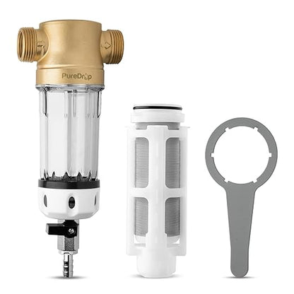 PureDrop PDR-50WSP Spin Down Sediment Filter, Reusable Whole House Sediment Water Filter for Well Water, 50-Micron Flushable Prefilter Filtration System with Scraper, 1" MNPT + 3/4" FNPT