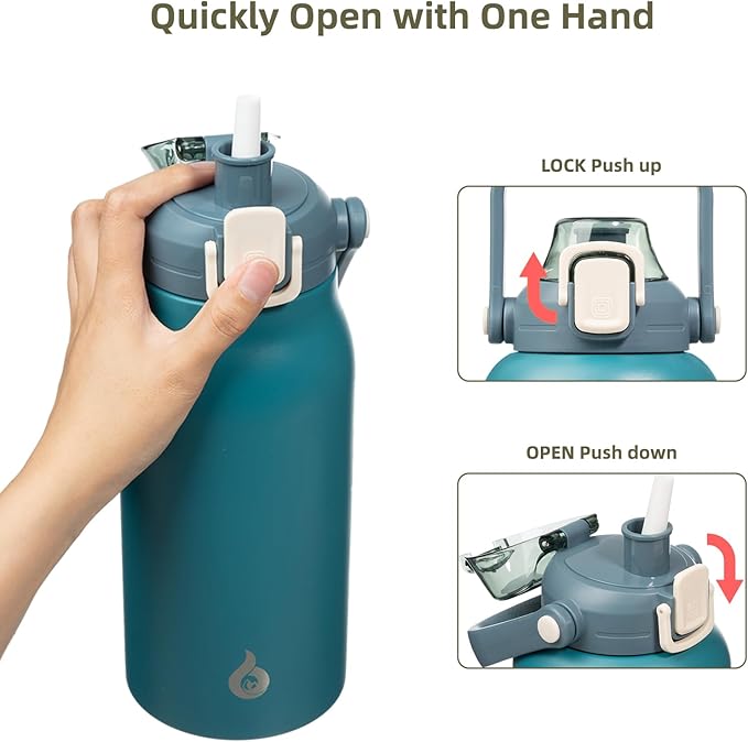 BJPKPK Insulated Water Bottles with Straw, 57 oz Sports Water Bottle with One-handed Opening Lid, BPA Free Leakproof Easy Carry Jugs, Flasks for Gym Sports Outdoors, Light Blue