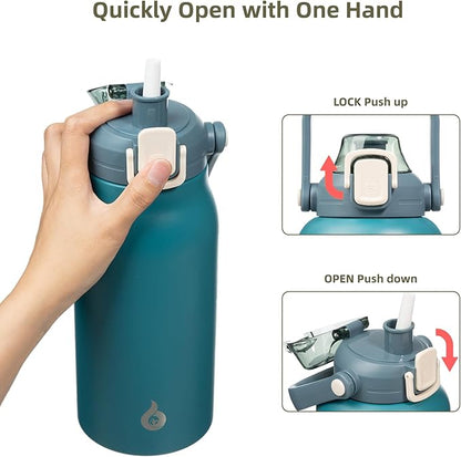 BJPKPK Insulated Water Bottles with Straw, 57 oz Sports Water Bottle with One-handed Opening Lid, BPA Free Leakproof Easy Carry Jugs, Flasks for Gym Sports Outdoors, Light Blue