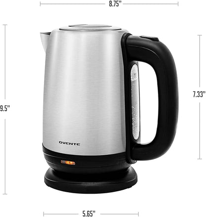 OVENTE Electric Tea Kettle Stainless Steel 1.7 Liter Portable Instant Water Boiler Heater 1100W Power Fast Boiling with Cordless Body and Automatic Shut Off for Coffee Milk Chocolate Silver KS27S